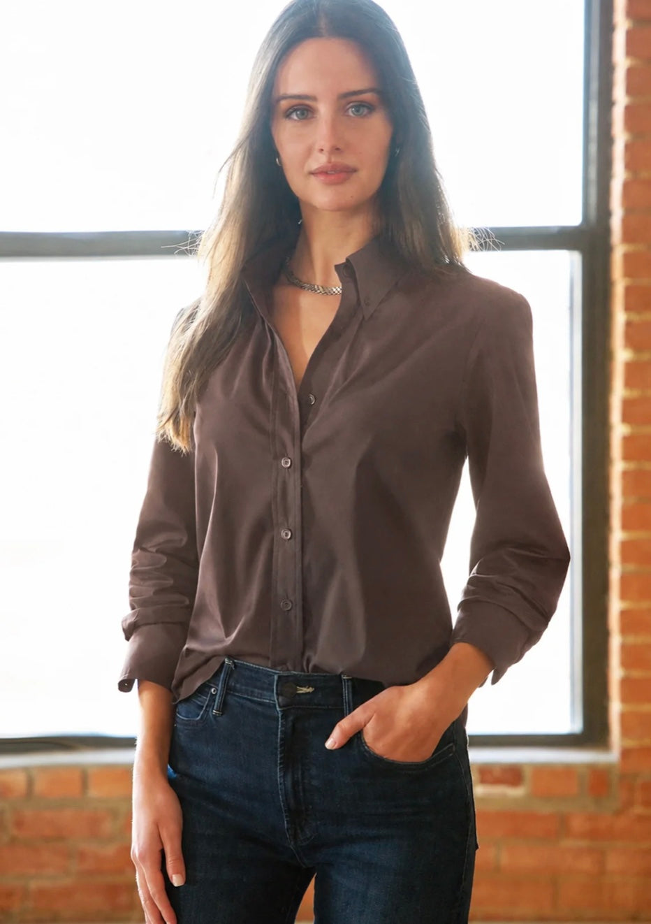 Preppy Shirt Silky Poplin in Chocolate by Finley