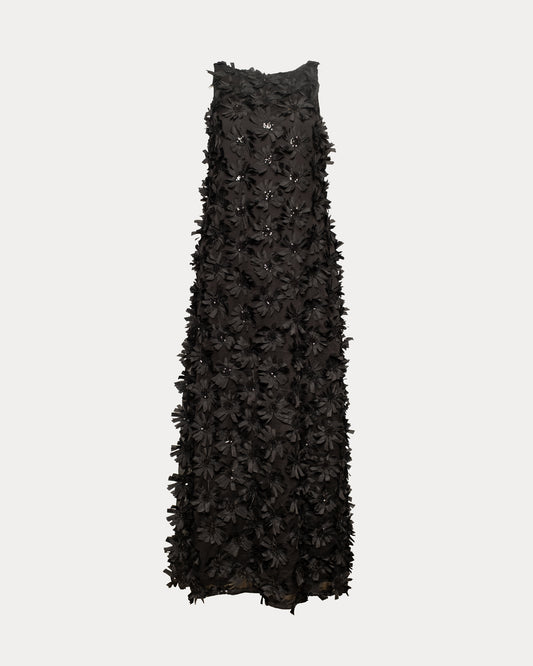 Francesca Maxi Dress with Floral Appliqué in Black Satin by Frances Valentine