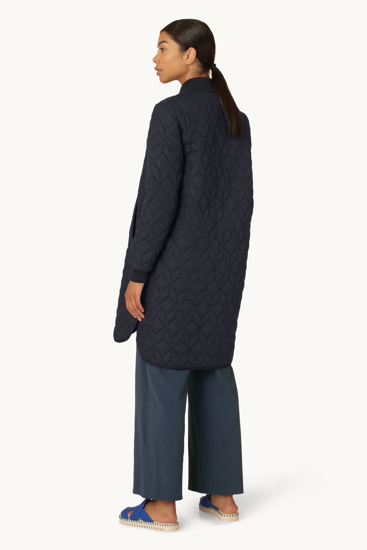 Quilted Long Jacket in Navy by Ilse Jacobsen
